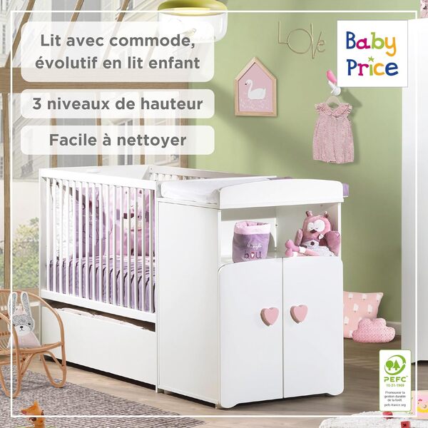 BabyPrice Lit bébé combiné évolutif 60x120 cm | Lit bébé à barreaux et Commode à Langer | Collection Coeur Rose Basic | Évolutif en lit 90x190 cm | Fabriqué en France par Sauthon