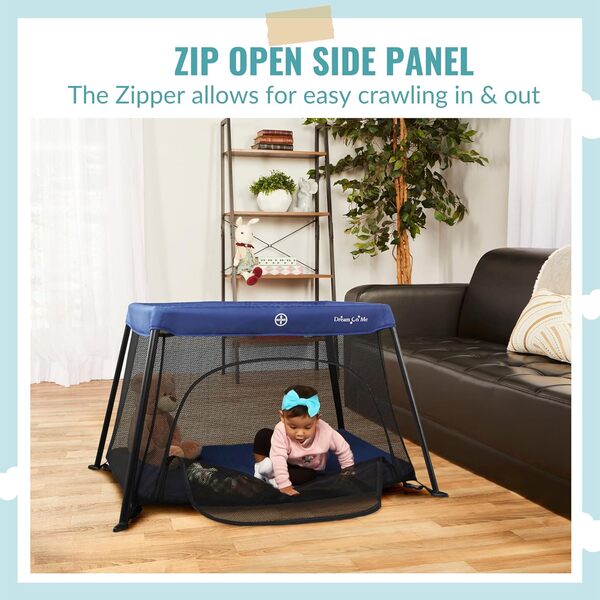 Dream On Me Parc de jeu léger de voyage avec porte en maille zippée en bleu marine