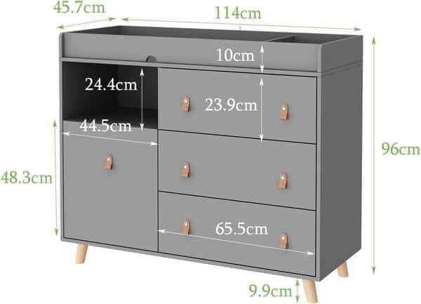 PREMTURE Table à langer, avec 3 tiroirs et 1 armoire, table à langer avec espace de rangement ouvert, MDF, gris, 112 x 42 x 96 cm