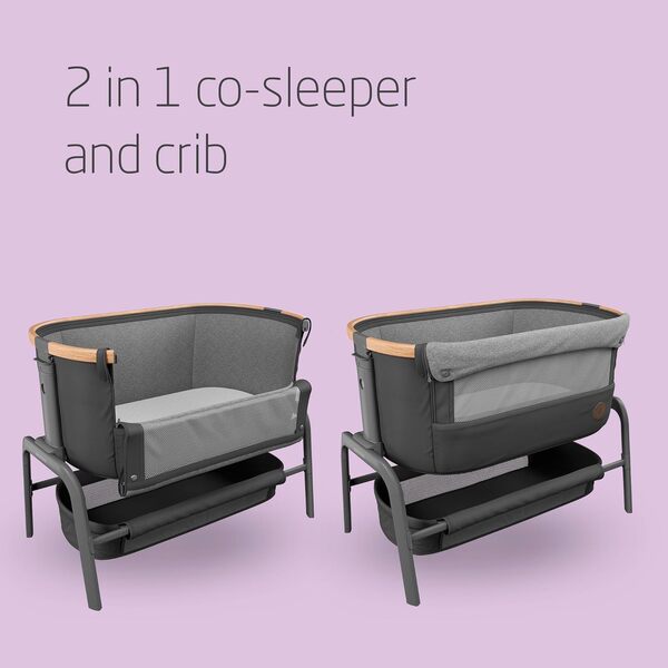 Maxi-Cosi Iora Berceau pliable pour bébé de 0 à 6 mois, max 9 kg, 4 positions d'inclinaison et 5 hauteurs, glisse facile, matelas confortable, grand panier, facile à transporter, graphite essentiel