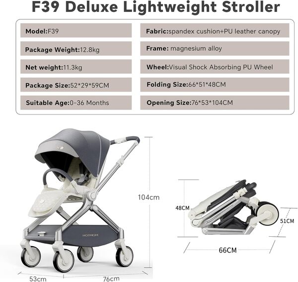 Hot Mom Poussette ultra légère, sièges larges, dossier réglable, grandes roues amortissant les chocs, cadre en magnésium, sens de la marche changeable en quelques secondes, modèle F39 (gris foncé)
