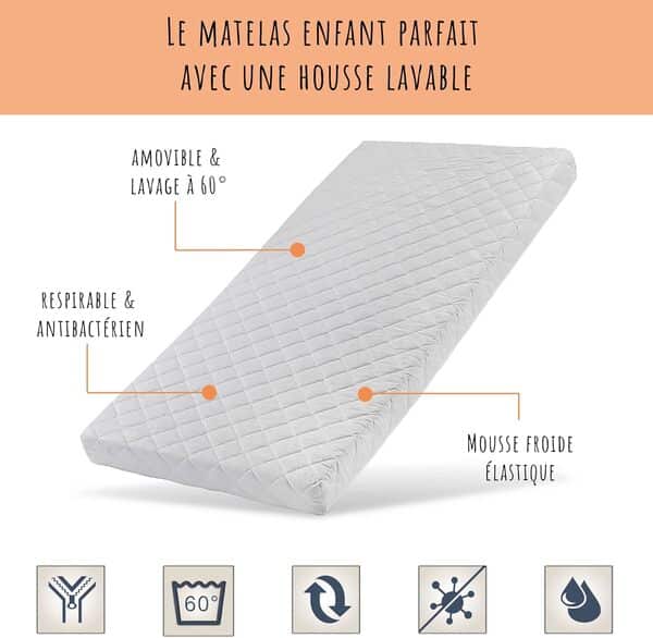 Lit d'appoint pour bébé - 120 x 60 cm - Blanc - avec tiroir - réglable en Hauteur et Transformable, avec Matelas