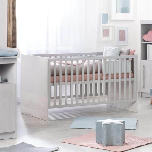 roba Lit Bébé Évolutif en Bois Maren 2 - 70 x 140 cm - Hauteur Réglable - 0 à 7 Ans - Gris Clair / Chêne Blanchi
