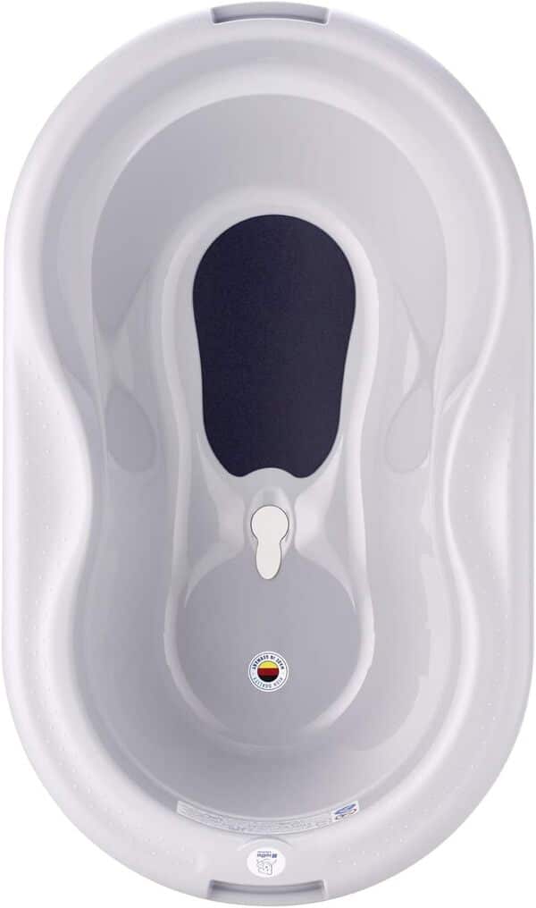 Rotho Babydesign TOP Station de Bain, Avec Baignoire pour Bébé, Support et Dossier, Tuyau de Vidange, 0-12 Mois, Stone Grey, 21042 0286 01