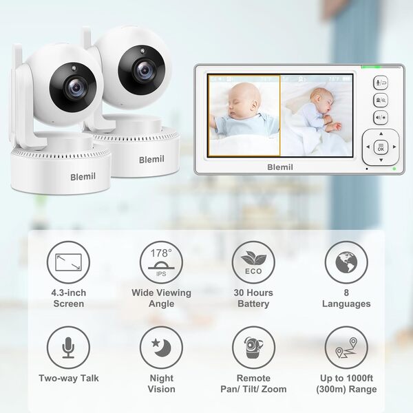 Moniteur de bébé amélioré avec batterie de 29 heures, moniteur vidéo IPS de 4,3 pouces avec deux caméras et audio, panoramique/inclinaison/zoom à distance, conversation bidirectionnelle, température