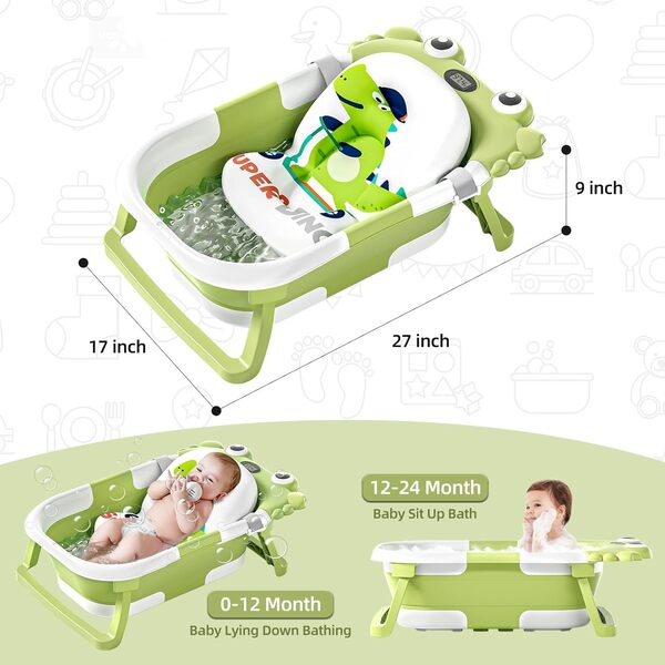 Baignoire pliable pour bébés de 0 à 36 mois avec moniteur de température en temps réel et coussin flottant, baignoire de voyage portable pour bébés de 0 à 36 mois, baignoire pliable pour bébés (vert)