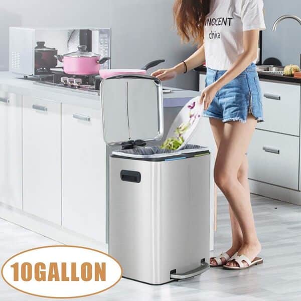 Poubelle de cuisine avec couvercle pour bureau, chambre à coucher, salle de bain, poubelle à marchepied anti-empreintes digitales en acier inoxydable brossé 40 l