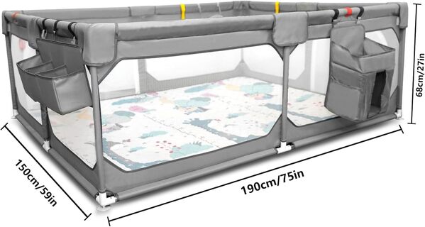 JINXIA Parc Bebe,190x150 cm,XXL Pliable Parc Modulable Bébé Avec Barrieres/Filets/Balle Océanique/Panneau d'activité,Playpen extra grand pour bébés et tout-petits,parc enfant,Gris