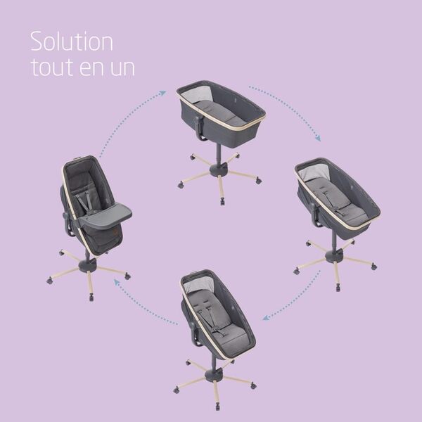 Maxi-Cosi Alba Berceau bébé 3 en 1, Lit bébé, Transat bébé inclinable et Chaise Haute bébé, Tissus 100% recyclés, Naissance à 3 Ans (15 kg), Compatible avec kit Repas Alba, Beyond Graphite
